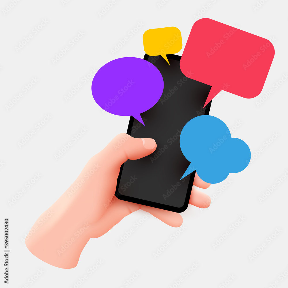 Hand holding phone with short messages. Chatting with friends and sending messages. Colorful speech bubbles boxes on smartphone screen. Hand holding phone with short messages. Chatting with friends and sending messages. Colorful speech bubbles boxes on smartphone screen.