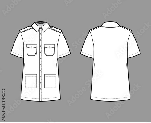 Shirt safari technical fashion illustration with short sleeves, flaps and patch pockets, relax fit, epaulettes, button-down, regular collar. Flat template front, back white color. Women men top CAD
