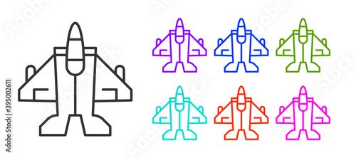 Black line Jet fighter icon isolated on white background. Military aircraft. Set icons colorful. Vector.
