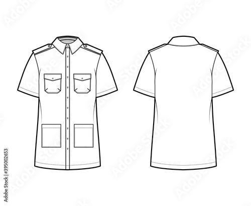 Shirt safari technical fashion illustration with short sleeves, flaps and patch pockets, relax fit, epaulettes, button-down, regular collar. Flat template front, back white color. Women men CAD mockup