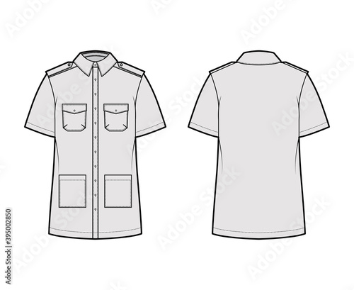 Shirt safari technical fashion illustration with short sleeves, flaps and patch pockets, relax fit, epaulettes, button-down, collar. Flat template front, back grey color. Women men top CAD mockup