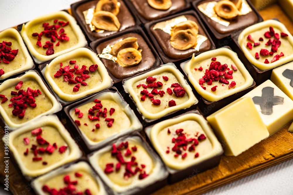 set of chocolate praline isolated on white background, selective focus set of chocolate praline isolated on white background, selective focus