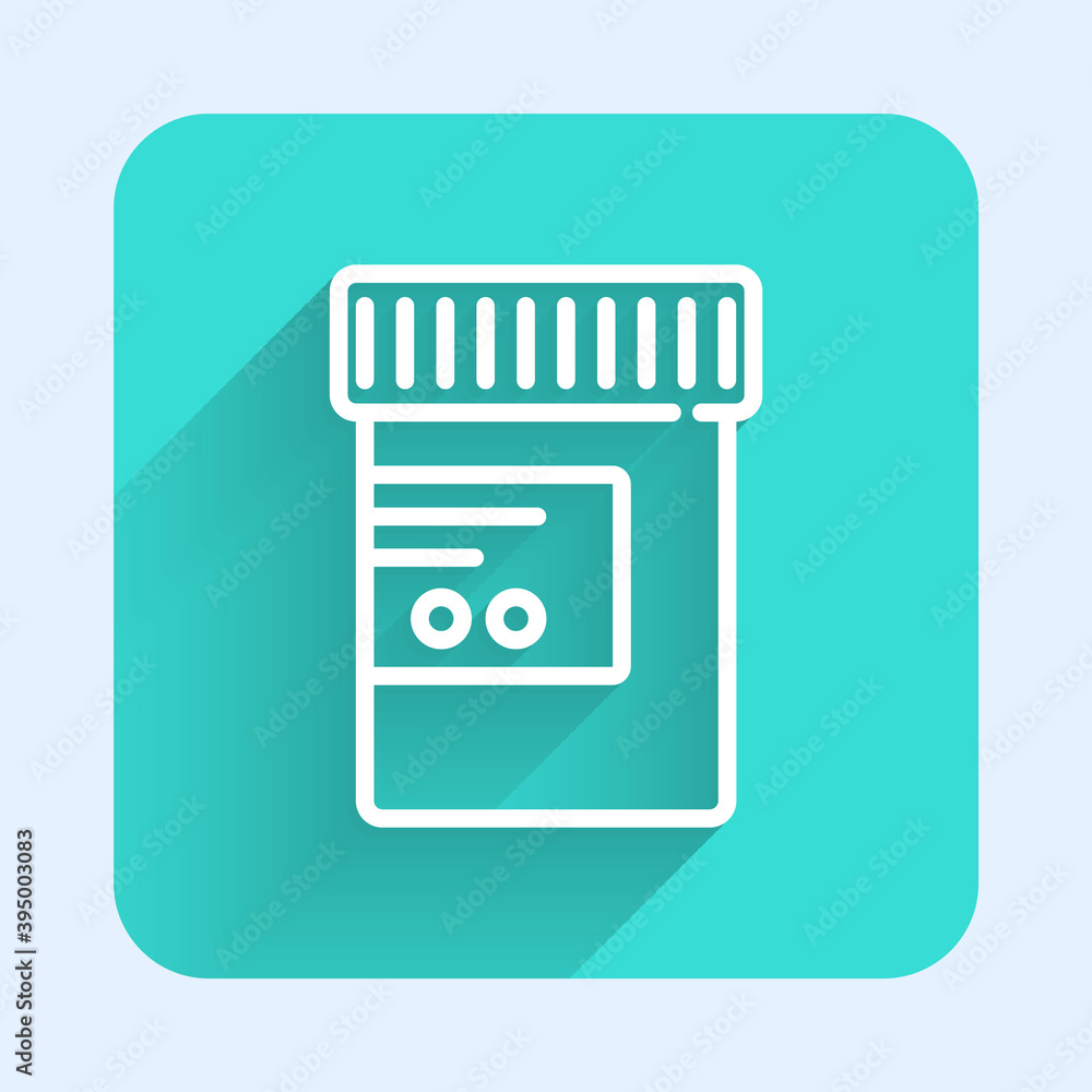 White line Medicine bottle and pills icon isolated with long shadow. Bottle pill sign. Pharmacy design. Green square button. Vector. White line Medicine bottle and pills icon isolated with long shadow. Bottle pill sign. Pharmacy design. Green square button. Vector.