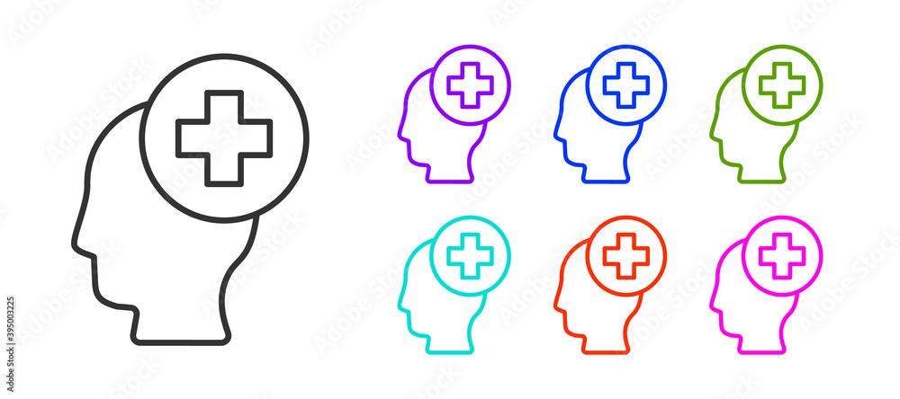 Black line Male head with hospital icon isolated on white background. Head with mental health, healthcare and medical sign. Set icons colorful. Vector. Black line Male head with hospital icon isolated on white background. Head with mental health, healthcare and medical sign. Set icons colorful. Vector.