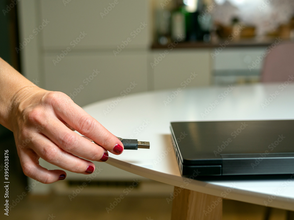 female manicured hand plugging usb, connecting USB flash drive in white laptop, kitchen in a flat. Plugging removable flash disk. Woman hand is using the USB while working at home during Covid-19