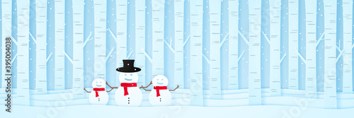merry christmas, welcome snowman and pine trees on snow in winter landscape with snow falling, invitation card, paper art style