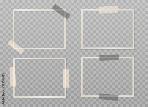 Set of beige empty photo frames with adhesive tape on a transparent background. Mockup for your design. Blank template. Vector 3d realistic. Rectangular photo card with black and beige sticky tape.