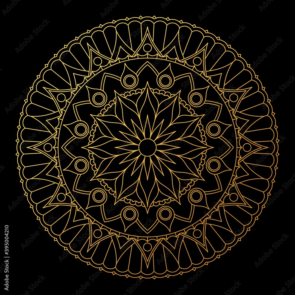 Round golden lace mandala with floral pattern on black background. Beautiful vector design.