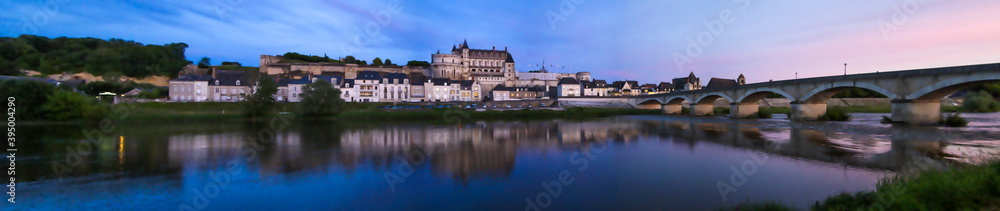 Panoramic view on Castle Chateau d'Amboise and Loire river by sunset, Loire Valley, France.