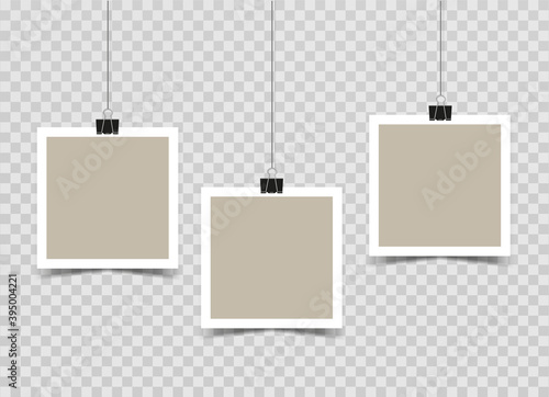 Set of empty Square photo frames hanging on binder clips. Mockup on a transparent background. Vector 3d realistic. blank template. three beige photo card on ropes with a shadow. EPS10.
