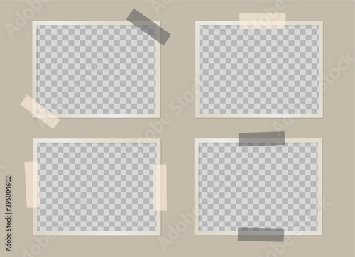 Set of  transparent empty photo frames with adhesive tape. Mockup for your design. Blank template on a beige background. Vector 3d realistic. Rectangular photo card with black and beige tape.4 photos.