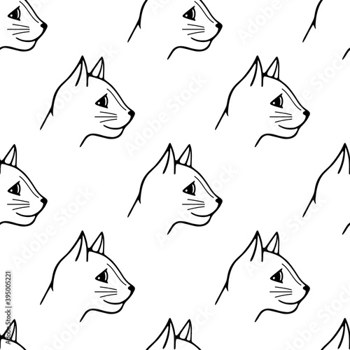 Vector seamless pattern head of cat hand-drawn. Illustration in doodle style black outline on white background.
