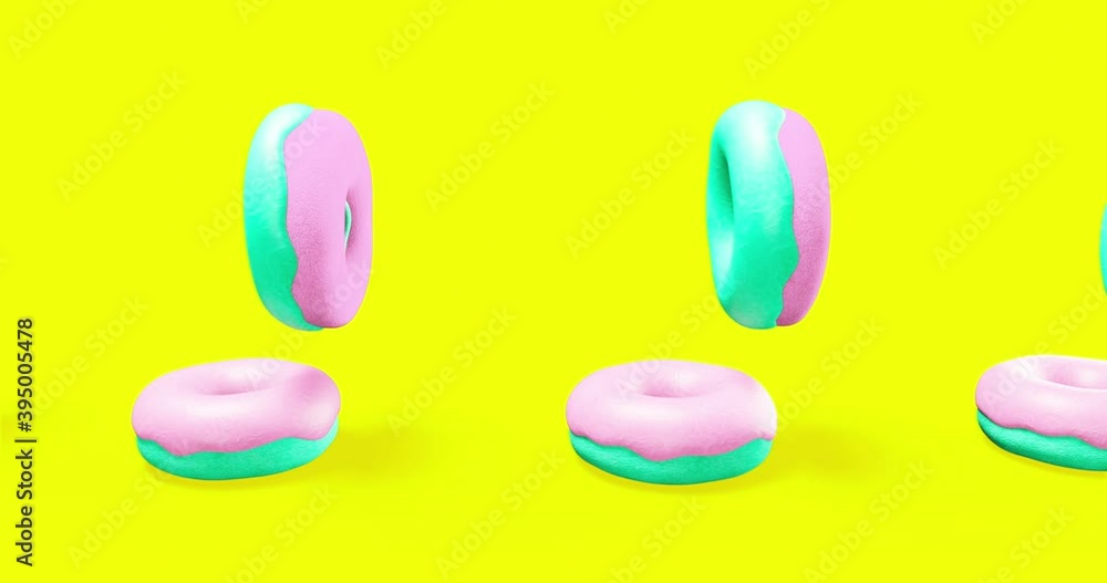 Minimal motion design. 3d vanilla donuts on yellow background. Fast food concept art. 4k video Minimal motion design. 3d vanilla donuts on yellow background. Fast food concept art. 4k video