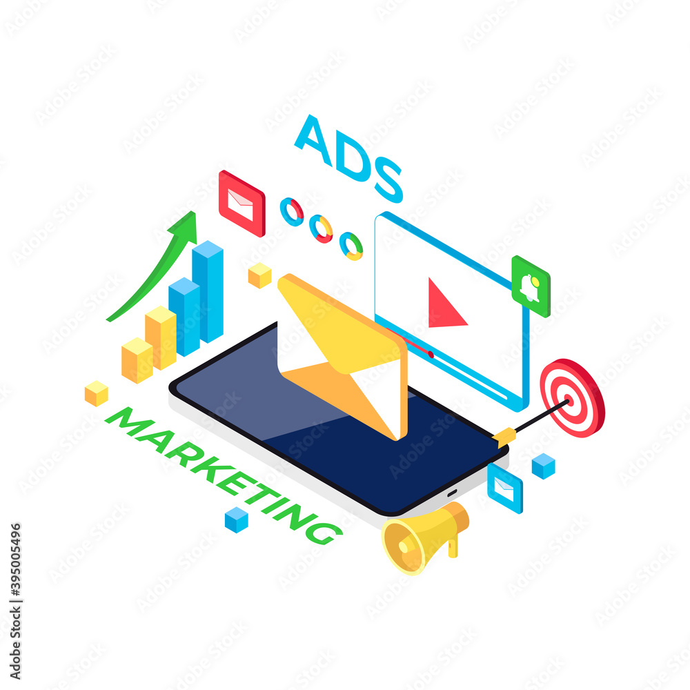 Digital marketing concept. Suitable for web banner, infographics, hero images. Flat isometric vector illustration isolated on white background.