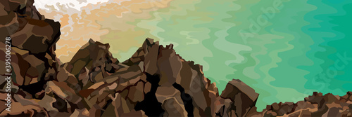 sea shore background with jutting rocks and turquoise water