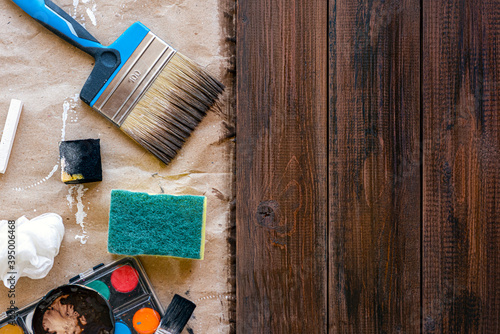 Photography Simple tools for wood staining and wood painting at home in a flat lay view with