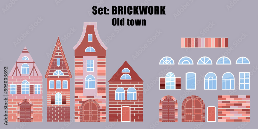 Set: Brickwork. Items and construction details made of bricks. Can be used for social media, posters, email, print, ads designs.
