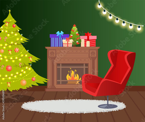 Fireplace decorated for Christmas holidays house interior vector. Room with garlands and presents, armchair and carpet on floor, burning wooden logs