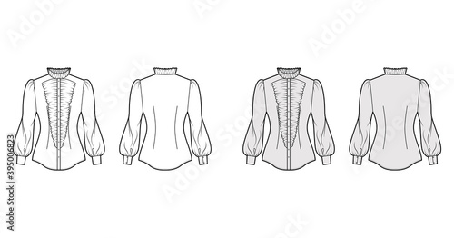 Shirt habit technical fashion illustration with long puff sleeves, jabot, slim fit, frilled collar, button-down, vintage. Flat template front, back white grey color. Women men top CAD mockup