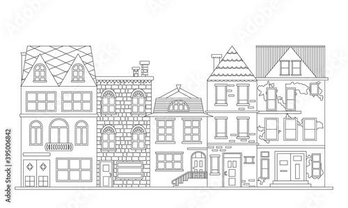 Set of different buildings  houses. Cityscape. Coloring book antistress for adults and children. Black and white. Outline style. White background. Vector logo illustration design.