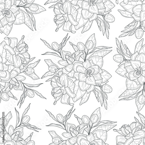 Realistic magnolia flowers bouquet seamless pattern sketch template. Cartoon graphic vector illustration in black and white for games  background  pattern  wallpaper  decor. Coloring paper  page  book