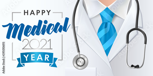 Happy medical 2021 year background. Medical health care banner design with doctor, numbers 20 21, stethoscope and blue necktie. Vector illustration