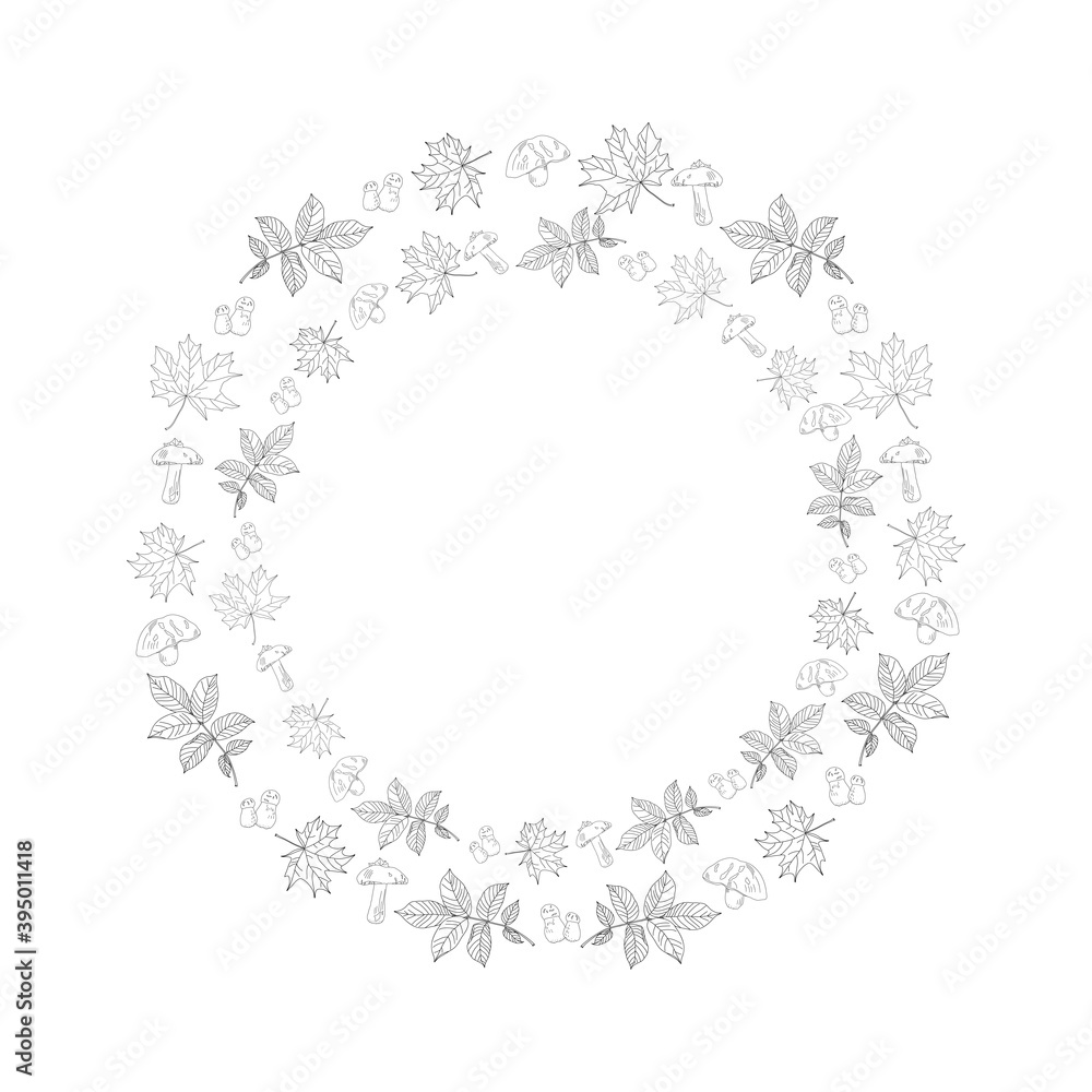 Nature background. Leaves of trees and mushrooms on a white background. Frame. Nature background. Leaves of trees and mushrooms on a white background. Frame.