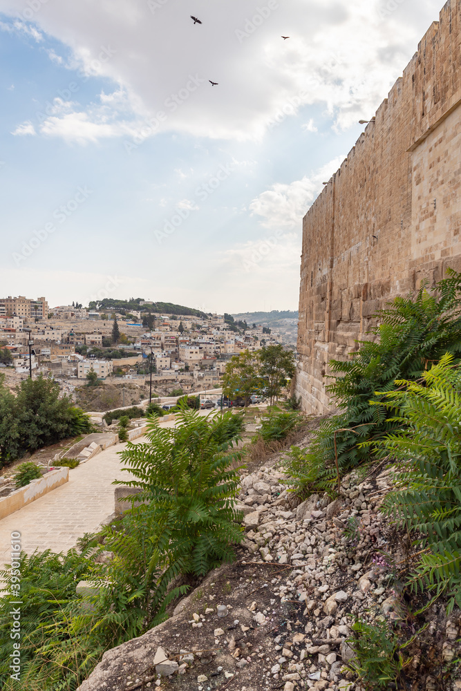 Outside  corner of the Temple Mount wall near the Gate of Repentance or Gate of Mercy in the old city of Jerusalem in Israel