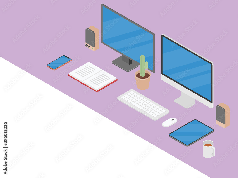 Workspace scene with computer in isometric 3D style