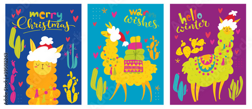 Christmas posters with alpaca or lama characters and wishes.