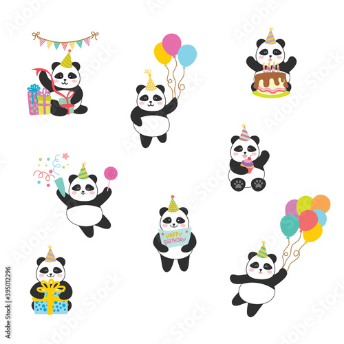 Hand drawn panda birthday witch cute drawing style