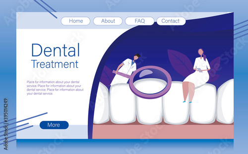 Website layout for dental clinic as blank template with buttons and place for text, flat vector stock illustration with orthodontists, dentists, teeth in an adult