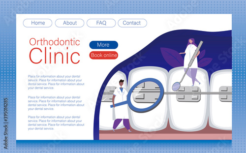 Website layout for dental clinic as blank template with buttons and place for text, flat vector stock illustration with orthodontists, dentists, teeth on jaw