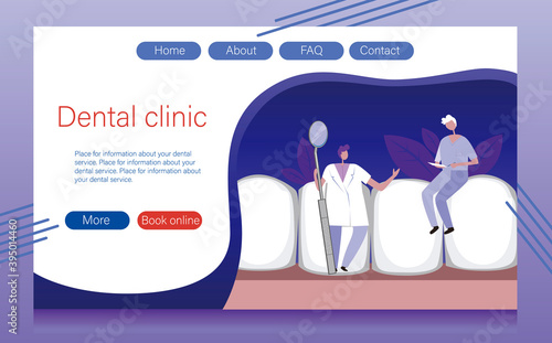 Dental website template, blank template with teeth as a landing page mockup, flat vector stock illustration with orthodontists or doctors for dental clinic