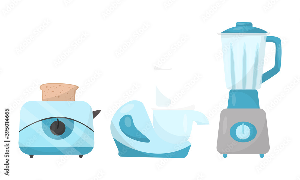 Kitchen Household Appliances with Toasting Oven and Blender Vector Set Kitchen Household Appliances with Toasting Oven and Blender Vector Set