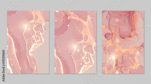 Luxury pink, yellow and gold marble abstract background set. Alcohol ink technique vector stone textures. Creative paint with glitter. Backdrop for banner, poster, invitation design