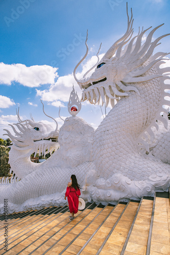 Wat Huay Pla Kang, white big buddha and dragons in Chiang Rai, Chiang Mai province, Thailand