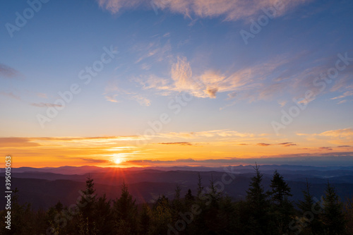 Sunrise on mountain Lysa Hora at mountains Beskydy, Czech republi