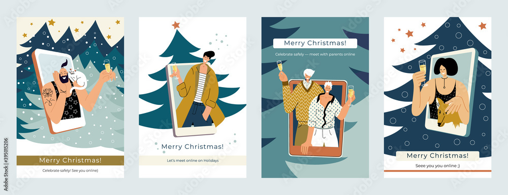 Set of Christmas postcards in trendy hygge colors with stylish characters