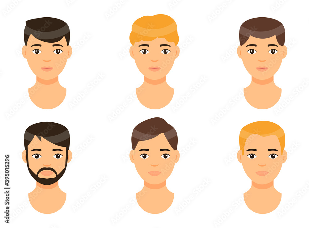 Collection of vector avatars of young men with blond and brown haircuts. Guys with different hairstyle. Bearded hipster. Set of cartoon caucasian characters for using at website or apps. Handsome men Collection of vector avatars of young men with blond and brown haircuts. Guys with different hairstyle. Bearded hipster. Set of cartoon caucasian characters for using at website or apps. Handsome men