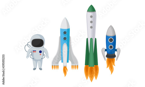 Space Shuttle and Spaceship Isolated on White Background Vector Set