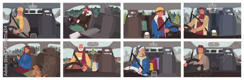 Collection of people in cars traveling in winter. Road trip of man and woman using navigator to find right way. Senior male driving vehicle with cat at backseat. Holidays season travelers vector