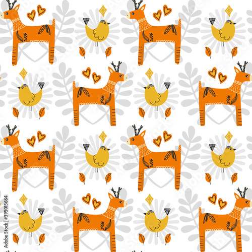 Bright seamless pattern with deer and bird. Made in a rustic style in orange and yellow. Vector illustration on a white background.