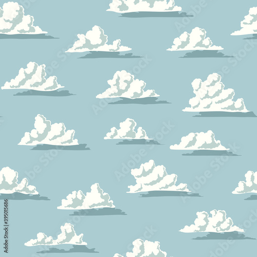 Seamless blue abstract background with cartoon cumulus clouds over the sea.