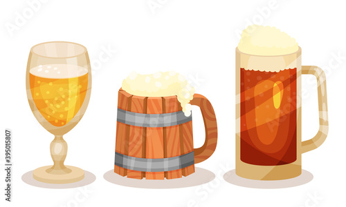 Pint and Glass Mug of Cold Beer with Foam Vector Set