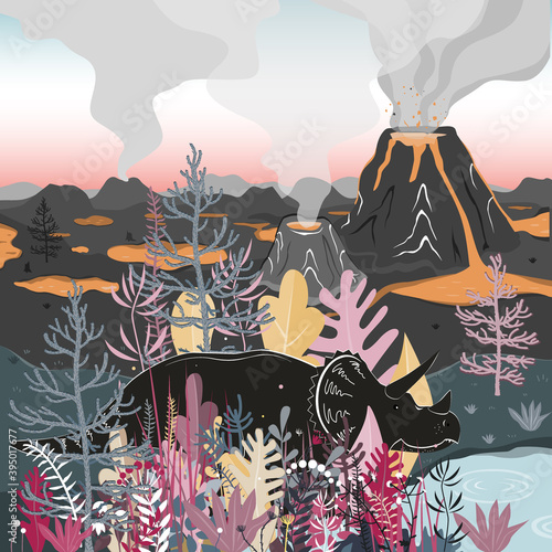Triceratops dinosaurs walk through a forested area with volcano landscape background. Vector illustration