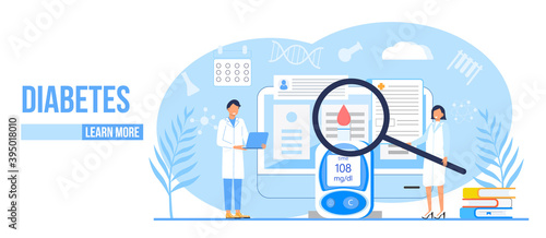 Diabetes mellitus, type 2 diabetes and insulin production concept vector. Landing page with magnifier and blood glucose testing meter, tiny doctors treat patient. Glucometer application