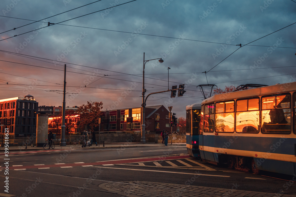 city street wroclaw at sunset