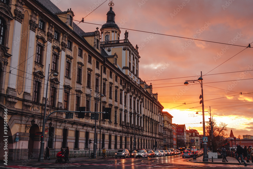 sunset over the beautiful old district in poland wroclaw