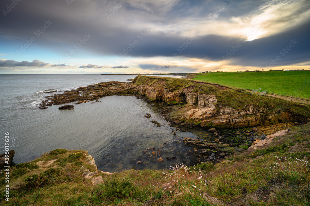 Clifftop View of Howick Coastline, on the rocky shoreline at Howick on the Northumberland coast, AONB, where there are several sandy coves Clifftop View of Howick Coastline, on the rocky shoreline at Howick on the Northumberland coast, AONB, where there are several sandy coves